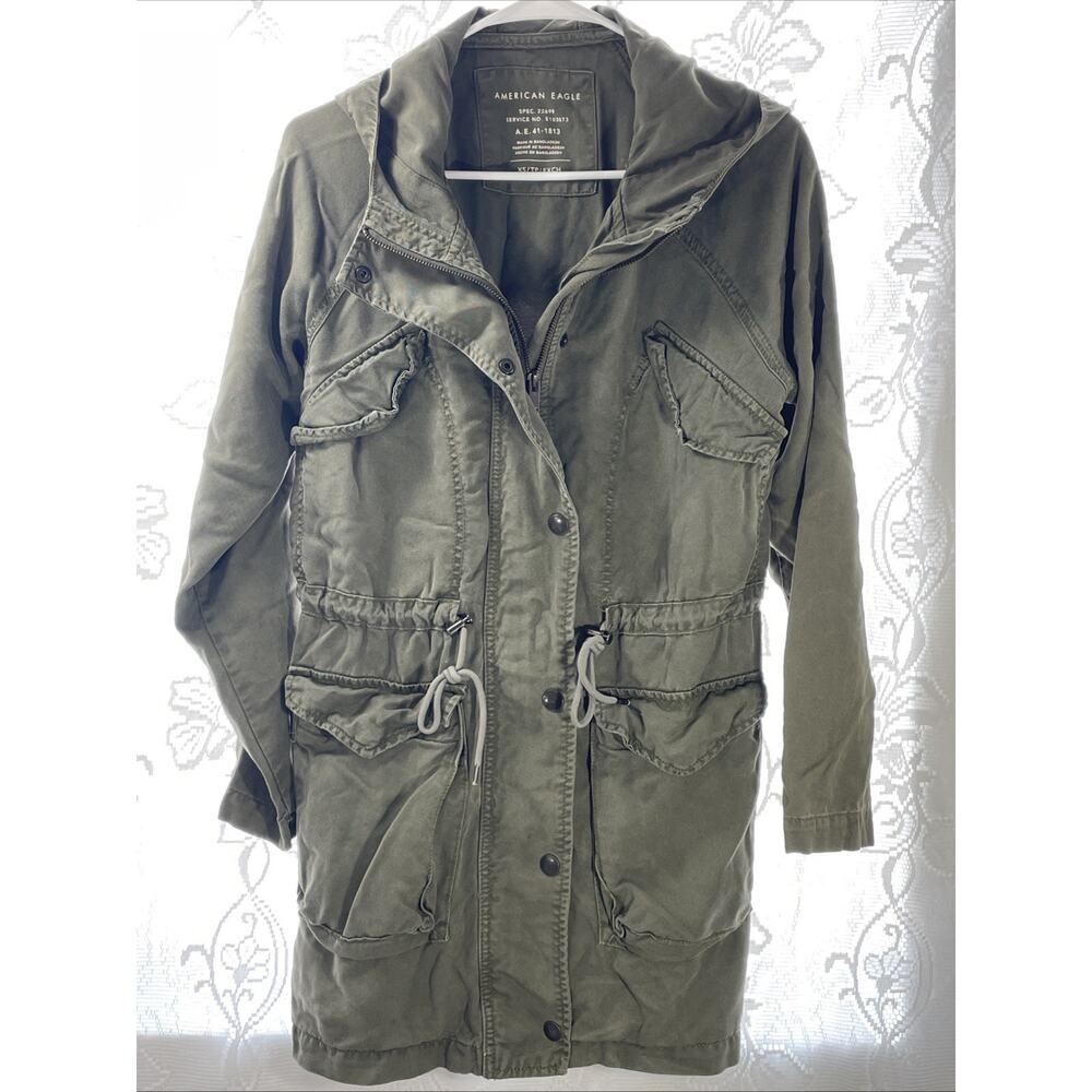 American Eagle Green Military Hooded Utility Jacket 100% Lyocell Womens Size XS